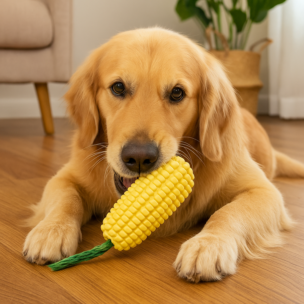 Golden retriever de couleur roux couché dans un salon de couleur claire. Le canapé blanc et en fond une plante verte. Image produit Boutiquechien