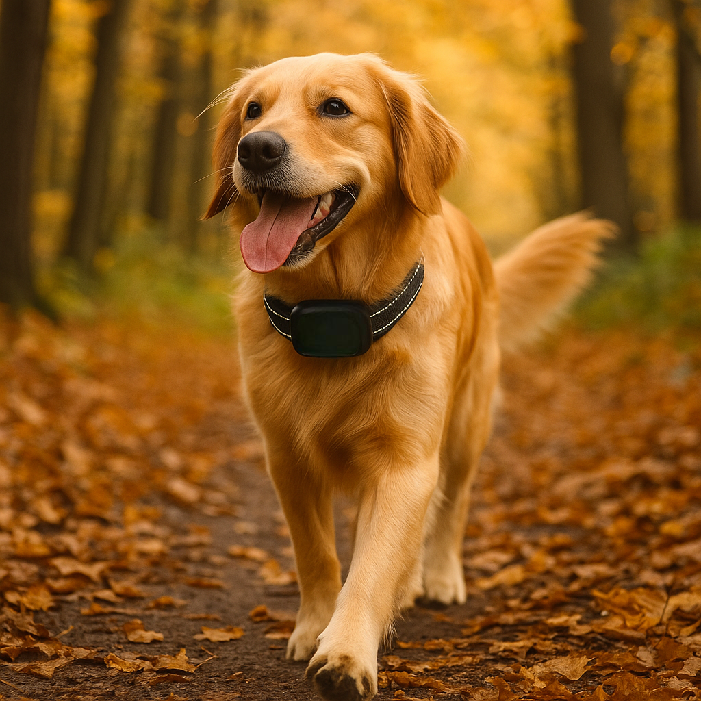 Golden retriever de couleur roux marchant dans les bois avec plein de feuilles. Le chien marche sur une allé en terre. Image produit Boutiquechien