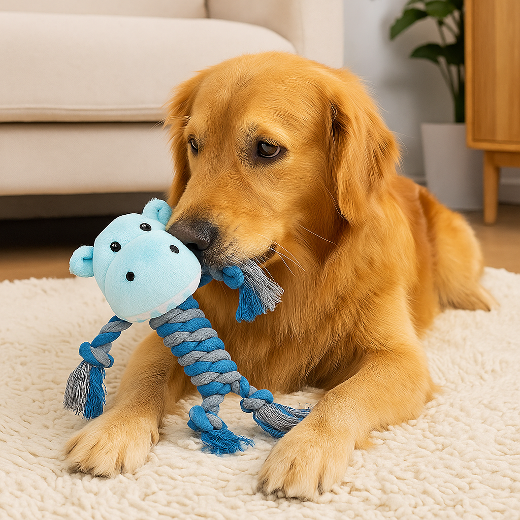 Golden retriever de couleur roux couché dans un salon de couleur claire. Le chien est dans un salon où en fond il y a un canapé blanc et un meuble couleur bois. Le chien joue avec sa peluche en corde hippopotame de couleur bleu. Image produit Boutiquechien 