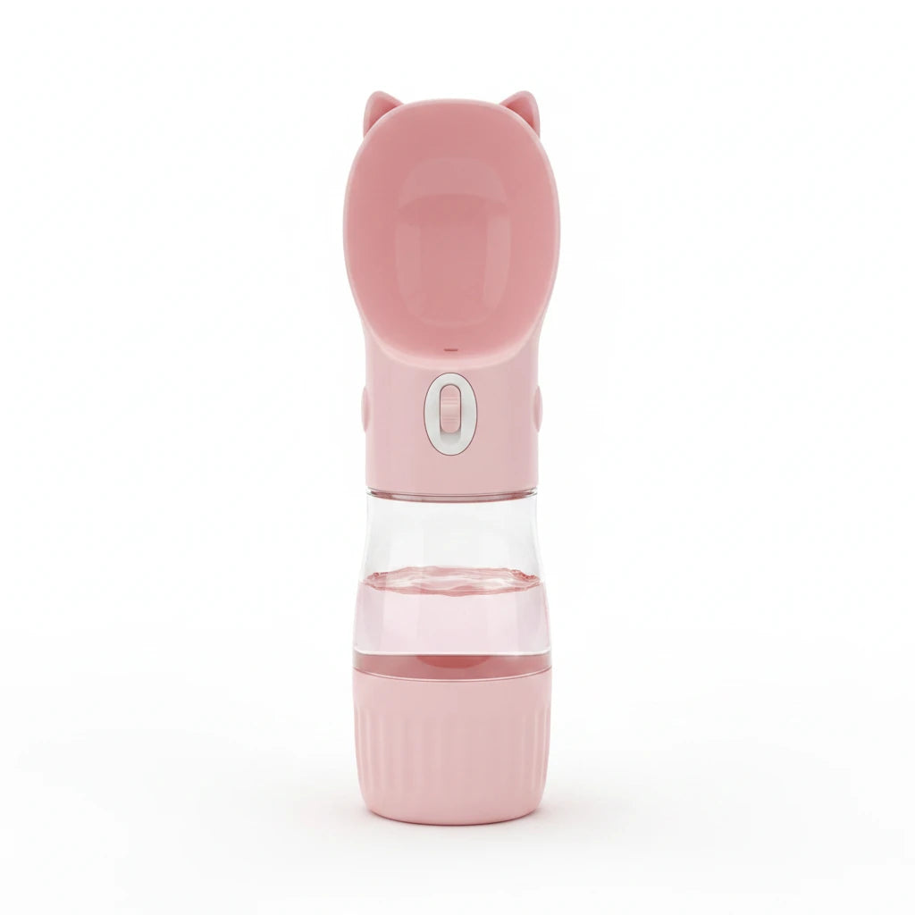 Gourde rose d'eau et nourriture posé sur une table de jardin de couleur noir avec en fond une haie verte. Image produit Boutiquechien