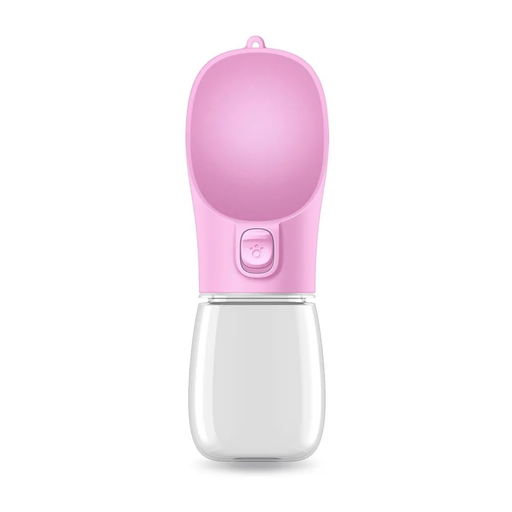 Gourde portable de couleur rose avec toutes les dimensions de la gourde. La gourde est faite que pour l'eau avec son style comptact. Image produit Boutiquechien