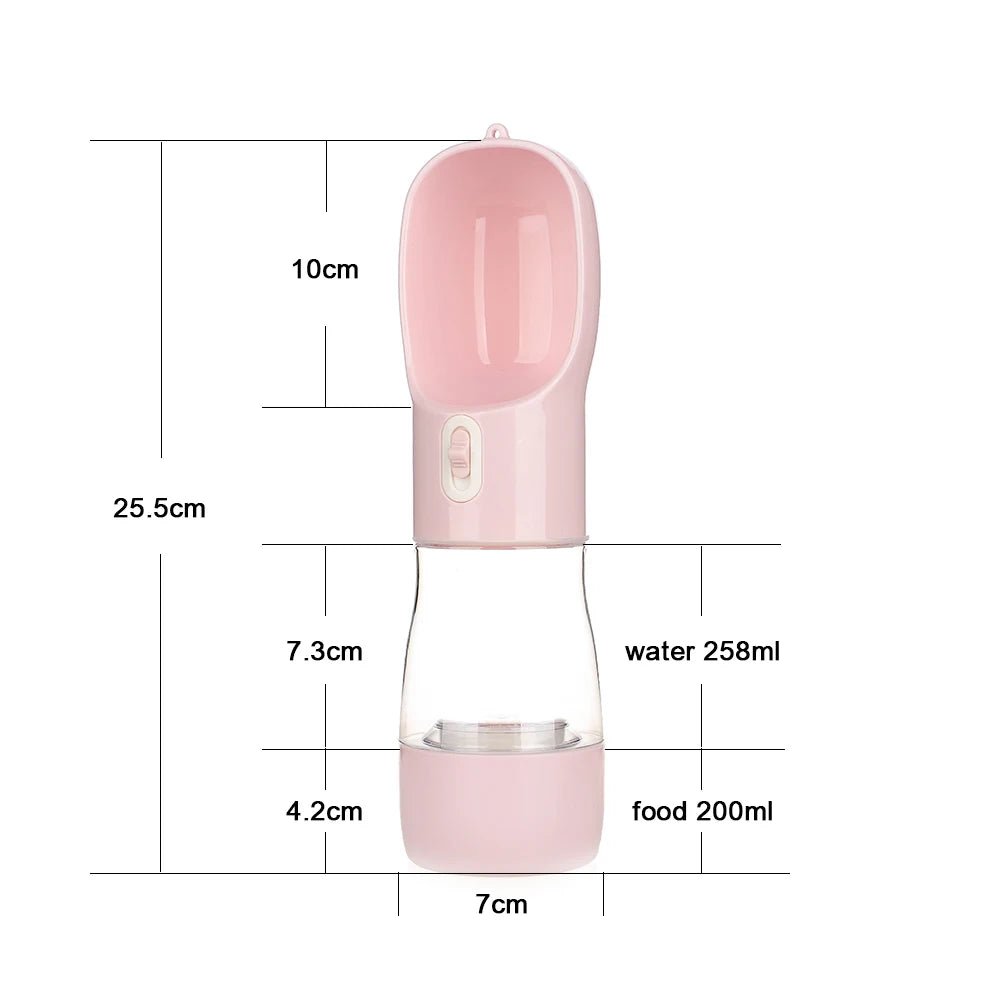Gourde portable de couleur rose avec toutes les dimensions de la gourde. La gourde fait 25.5cm de long parfait pour un transport facilité. Image produit boutiquechien