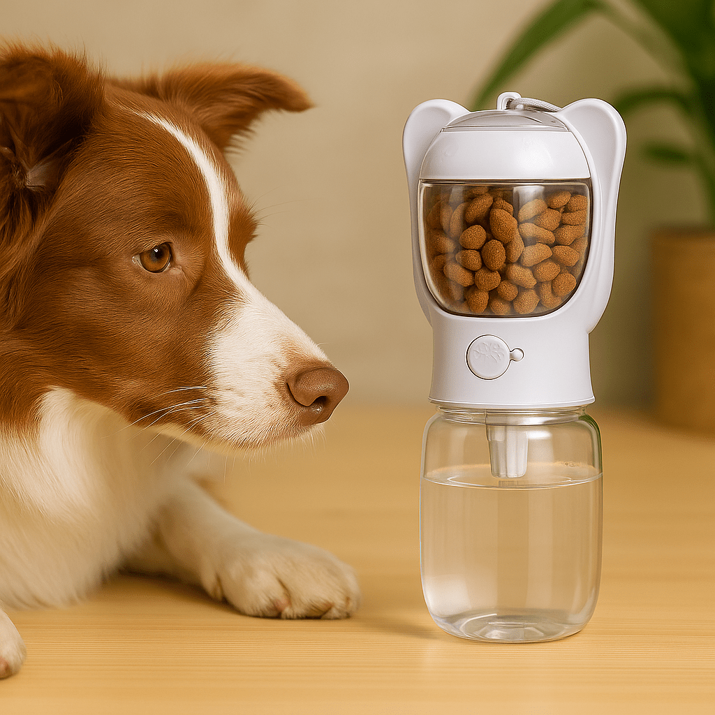 gourde pour chien de couleur blanche avec un compartiment de friandise et d'eau mis en valeur avec un chien brun et blanc. Image produit Boutiquechien