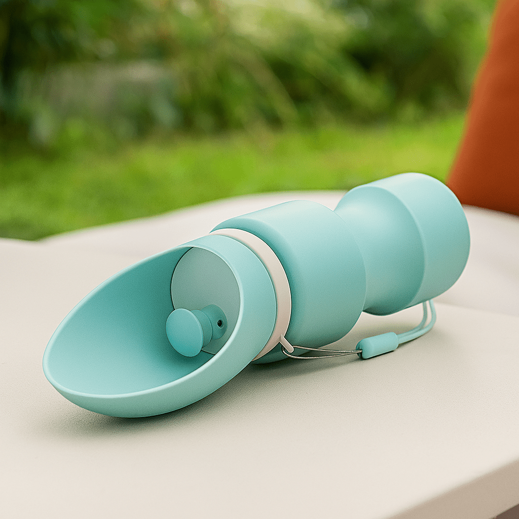gourde pour chien de couleur verte posé sur une table blanche. La gourde pour chien est pliante et possède un compartiment pour que le chien puisse s'hydrater facilement. image produit boutiquechien