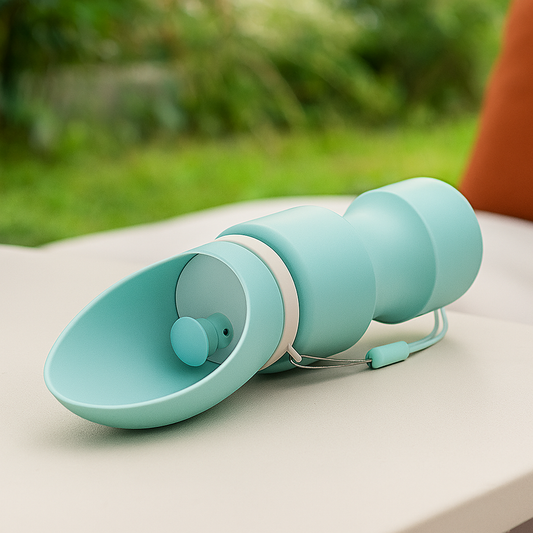 gourde pour chien de couleur verte posé sur une table blanche. La gourde pour chien est pliante et possède un compartiment pour que le chien puisse s'hydrater facilement. image produit boutiquechien