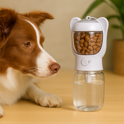 gourde pour chien de couleur blanche avec un compartiment de friandise et d'eau mis en valeur avec un chien brun et blanc. Image produit Boutiquechien