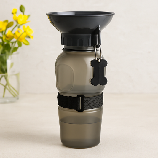 gourde pour chien de couleur noir avec en fond une plante verte. Le produit est mis en valeur dans un fond blanc. Image produit Boutiquechien