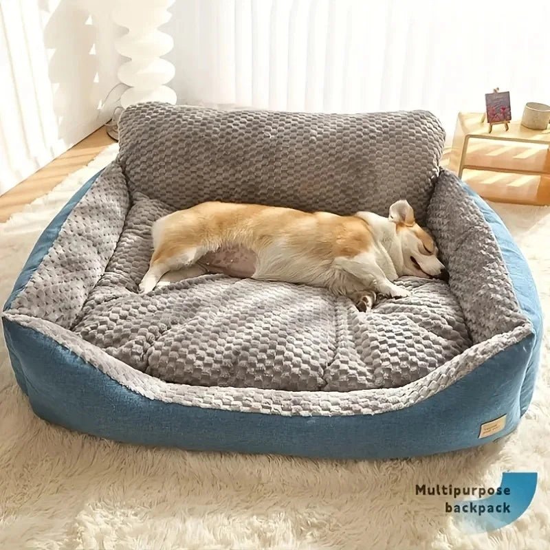 Grand panier pour chien déhoussable bleu canard avec chien qui dort