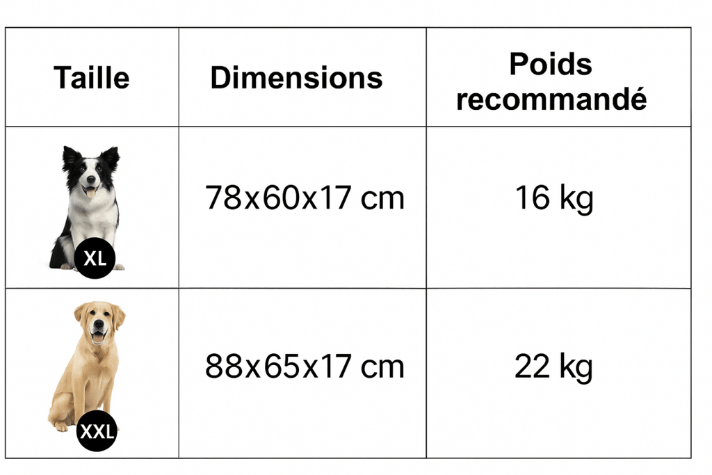 tableau avec les dimension total Diu panier pour chien de couleur violet pour chien
