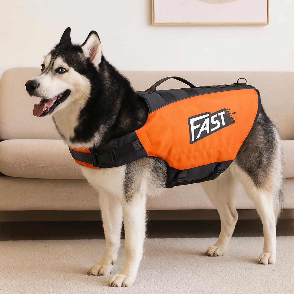 Gilet chien de sauvetage de couleur orange et gris sur un husky de couleur noir et blanc dans un salon. En fond il y a un canapé gris. Image produit Boutiquechien