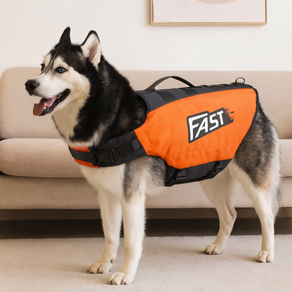 Gilet chien de sauvetage de couleur orange et gris sur un husky de couleur noir et blanc dans un salon. En fond il y a un canapé gris. Image produit Boutiquechien