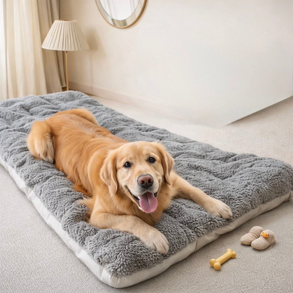 Grand chien blanc dans un salon de couleur claire couche sur un panier gris  Image