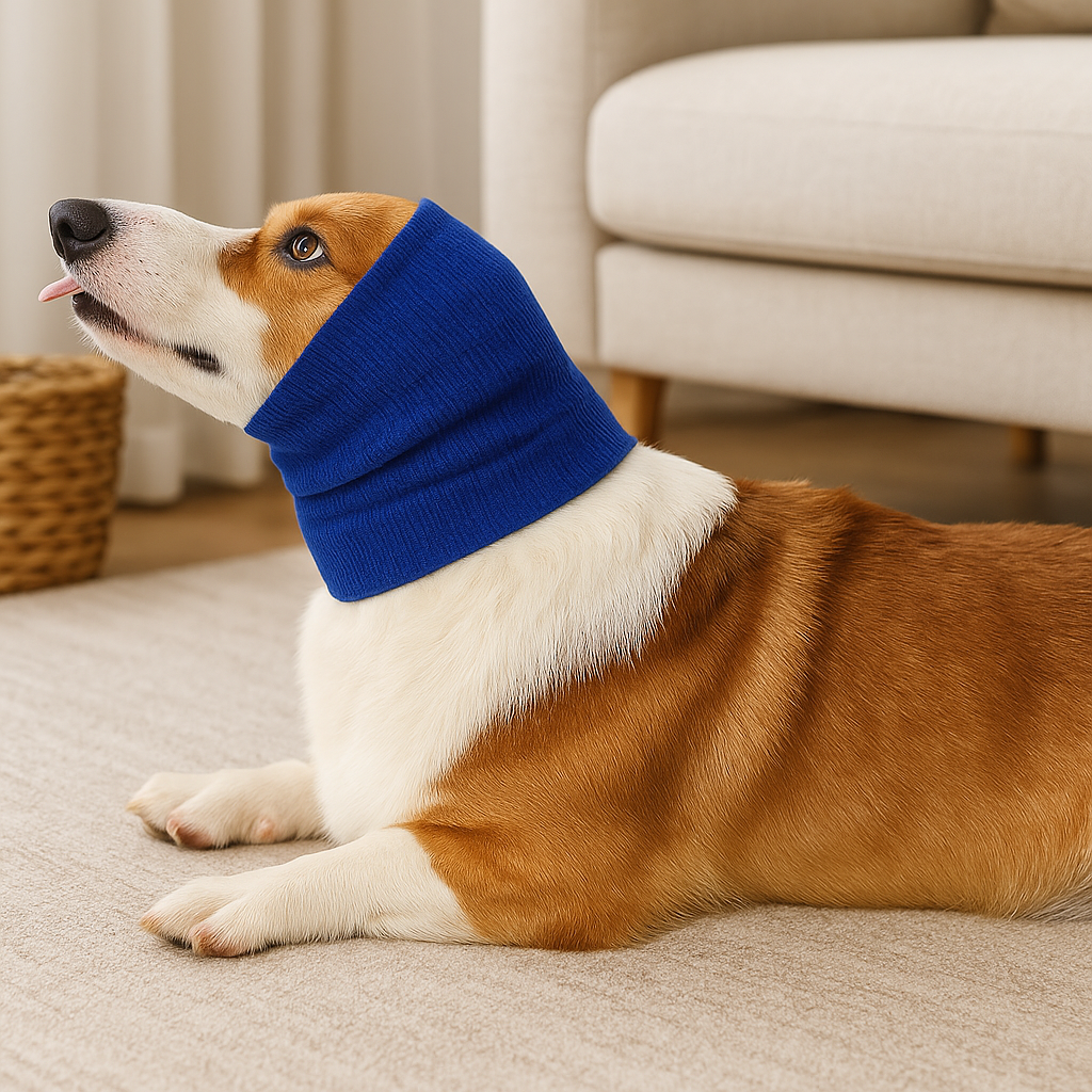 Grand chien de couleur brun et blanc portant un cache cou et oreille de couleur bleu. Le chien est couché dans un salon de couleur claire avec en fond un canapé gris. Image produit Boutiquechien Image