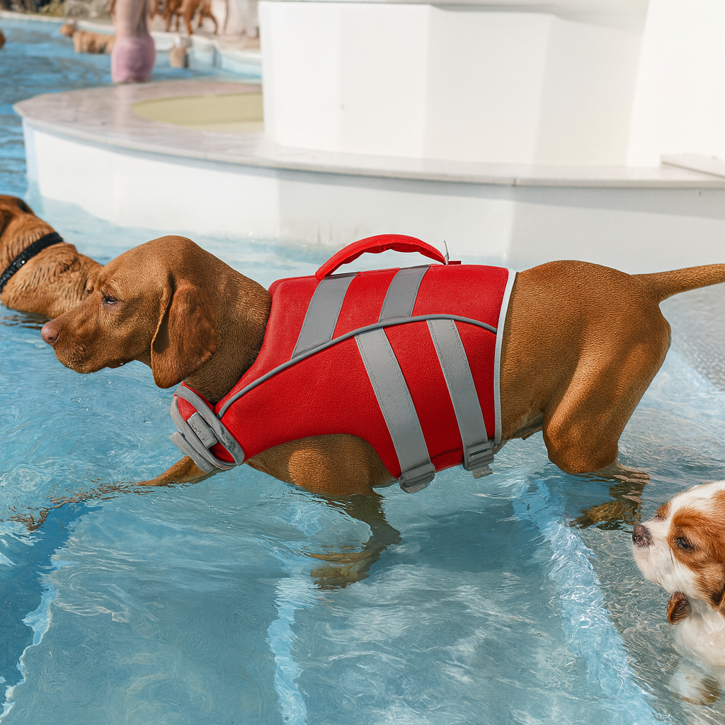 Grand chien de couleur brun portant un gilet de sauvetage pour chien de couleur rouge et gris dans une piscine. Image produit Boutiquechien Image