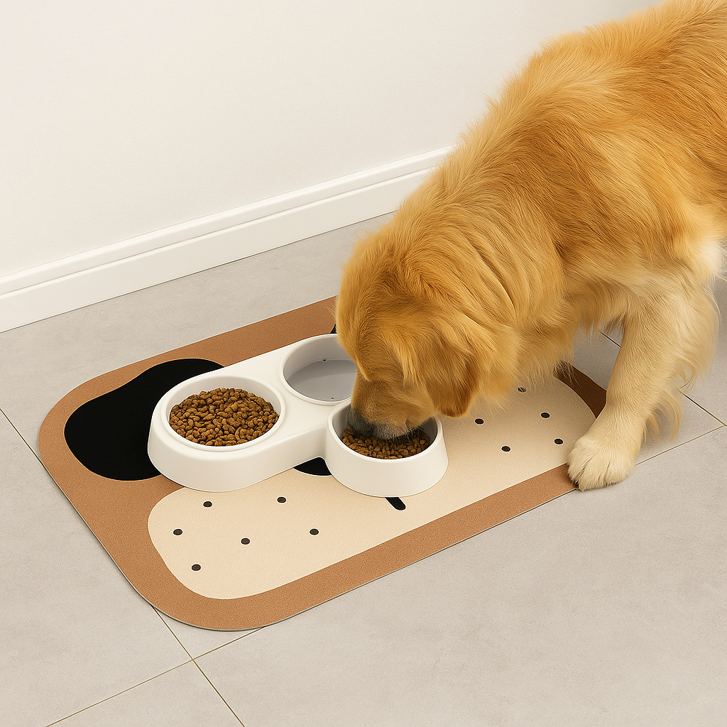 Gros chien de couleur blanc mangeant dans une gamelle pour chien de couleur blanc. La gamelle st posé sur un tapis pour gamelle design en forme de chien. Le tapis est posé dans une pièce de couleur claire 