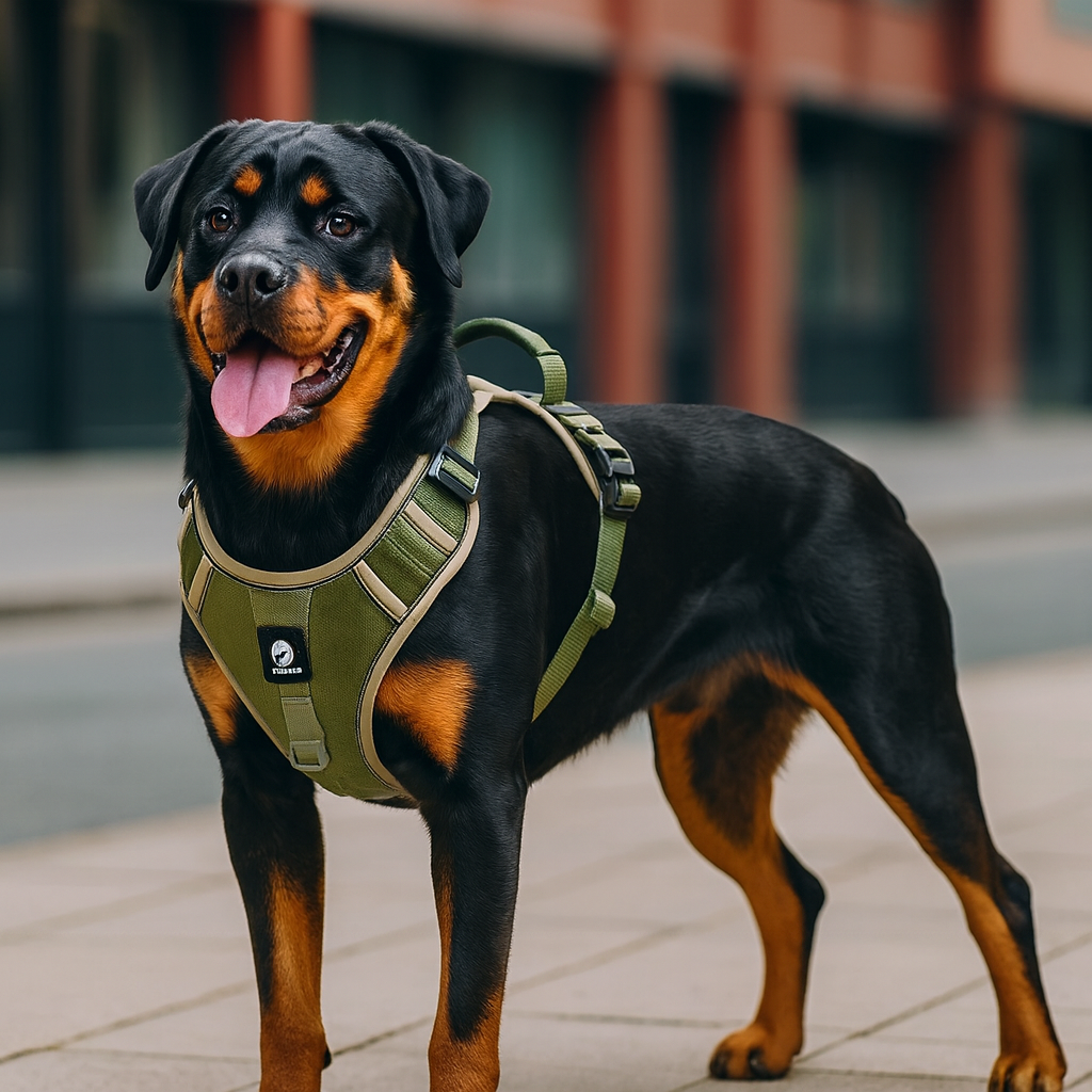 grand molosse de couleur noir avec en fond une ville rouge. 