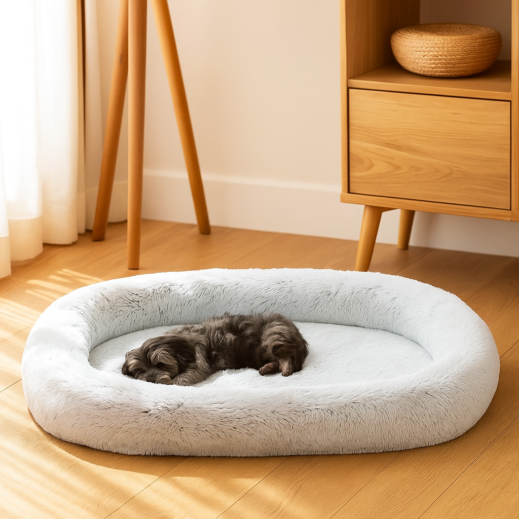 petit chien noir couché sur un grand tapis de couleur gris. En fond il y a un meuble en bois. Image produit Boutiquechien