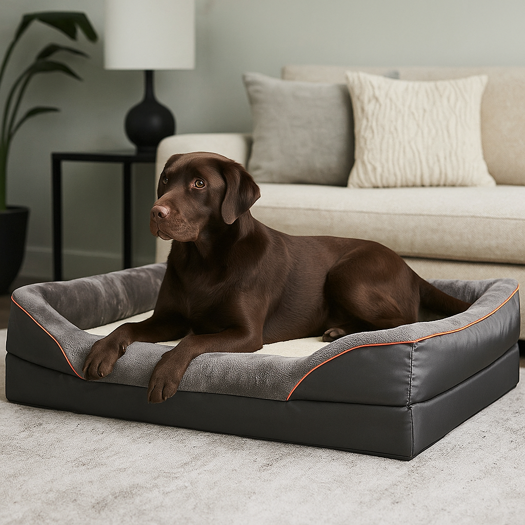 canapé chien de couleur noir avec un chien noir dessus. en fond il y a un canaoé blanc et une plante verte. Image produit Boutiquechien