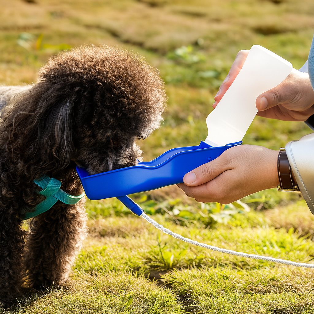 petit chien de couleur brun buvant dans une gamelle d'eau pour chien en forme de gourde transportable de couleur bleu . Le chien se fait promener par sa maîtresse dans un champ de couleur vert. Image produit Boutiquechien