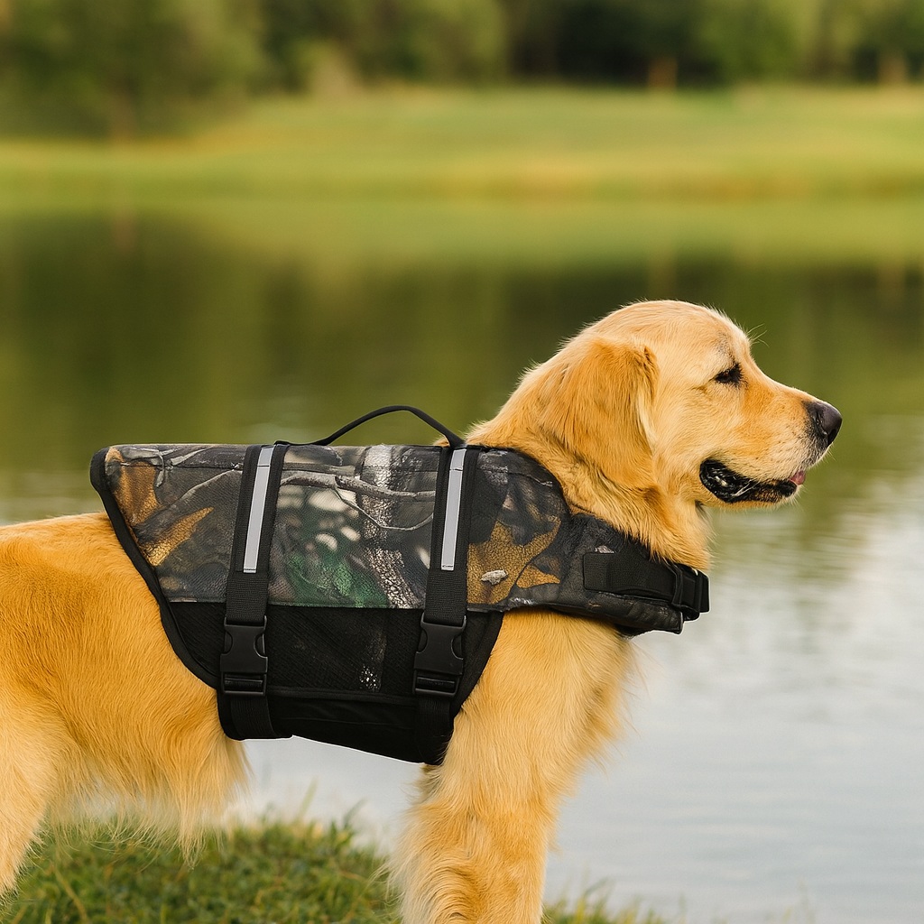 Gros chien de couleur claire portant un harnais de sauvetage camouflage près d'un étang. Image produit Boutiquechien