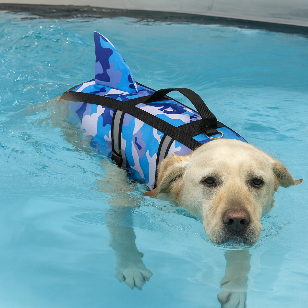 Gros golden retriever de couleur bleu se baignant dans sa piscine en portant un gilet de sauvetage pour chien de couleur Bleau camouflage en forme de requin. Image produit Boutiquechien Image
