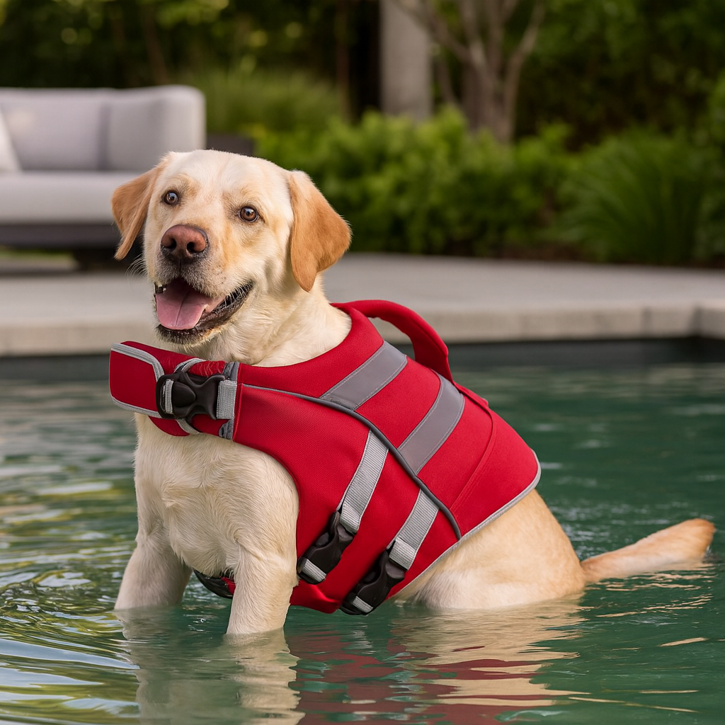 Gros chien de couleur blanc dans une petit piscine. Le chien porte un gilet de sauvetage de couleur rouge et gris. Image produit Boutiquechien Image