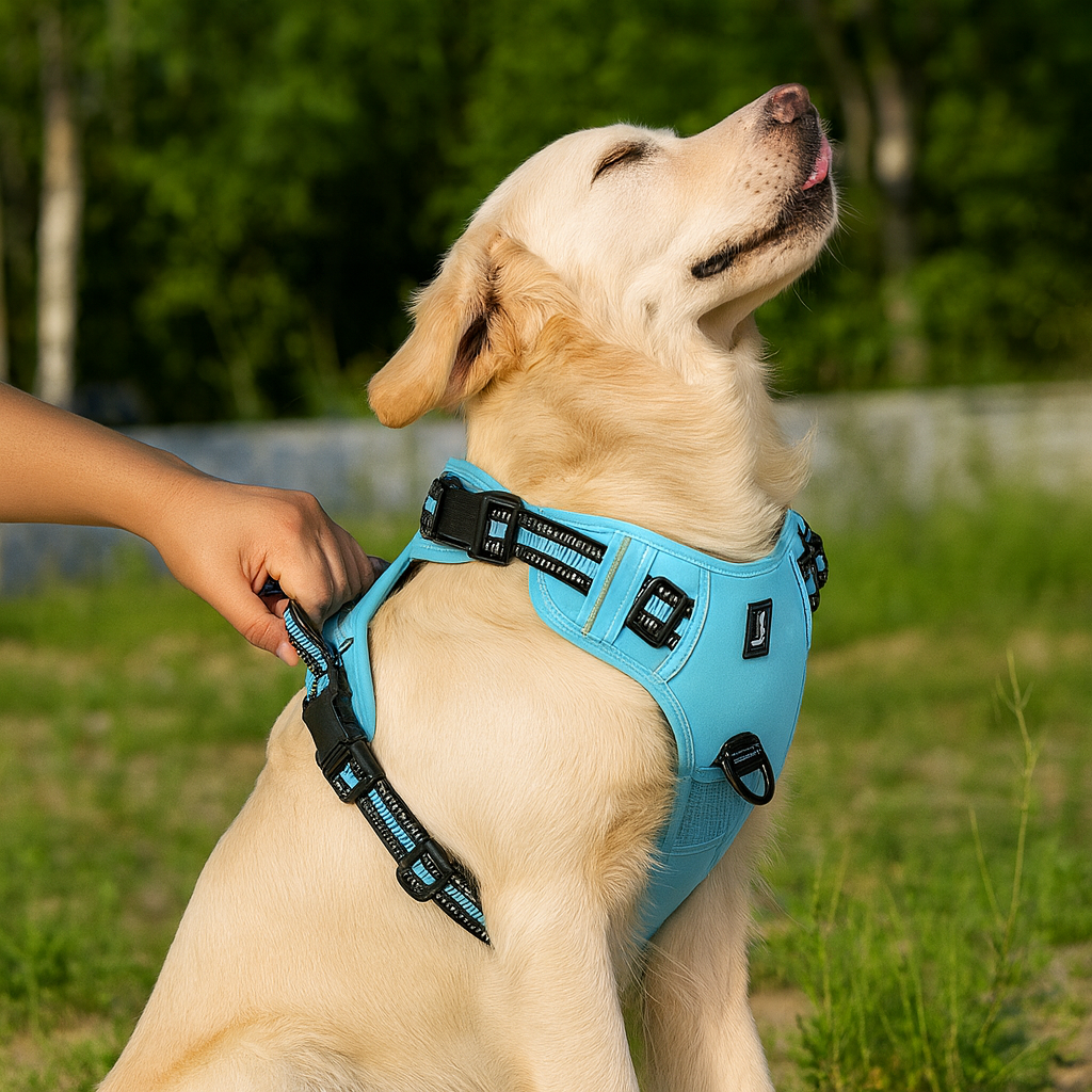 gros chien blanc portant un harnais bouclier de couleur bleu et noir dans l'herbe verte. Une main tient le chien part la poignée