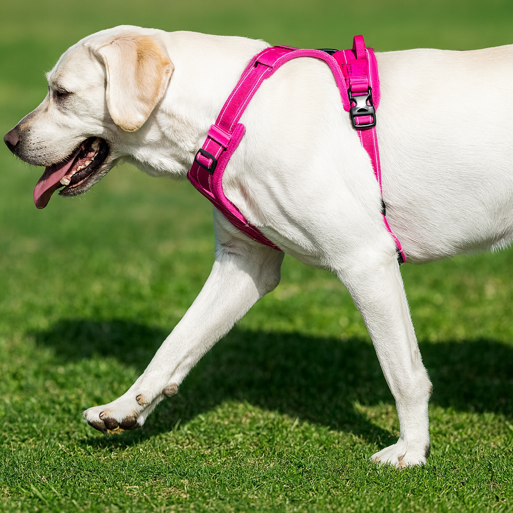 gros golden retriever de couleur blanc portant un harnais xxl de couleur rose. Le chien marche dans l'herbe verte 