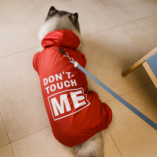 gros chien de couleur Blanc avec un imperméable de couleur rouge avec écrit dessus "don't touch me". Le chien est couché par terre sur un carrelage blanc. Image produit Boutiquechien