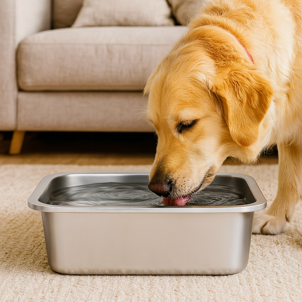 gros chien de couleur claire buvant dans une grosse gamelle en acier inoxydable. Le produit est posé dans un salon de couleur claire avec en fond un canapé gris. Image produit Boutiquechien