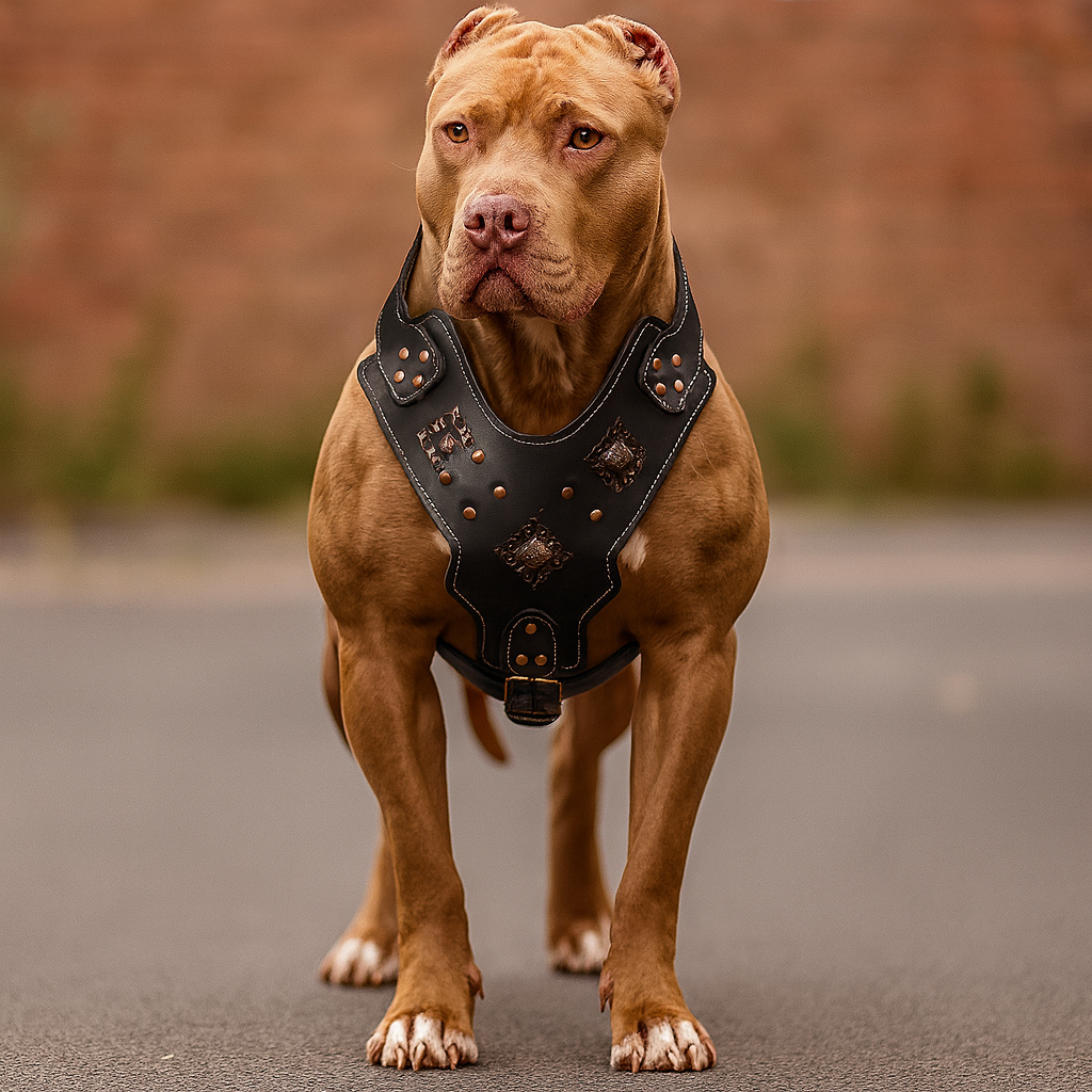 Gros chien brun portant un gros harnais en cuir noir. Image produit Boutiquechien