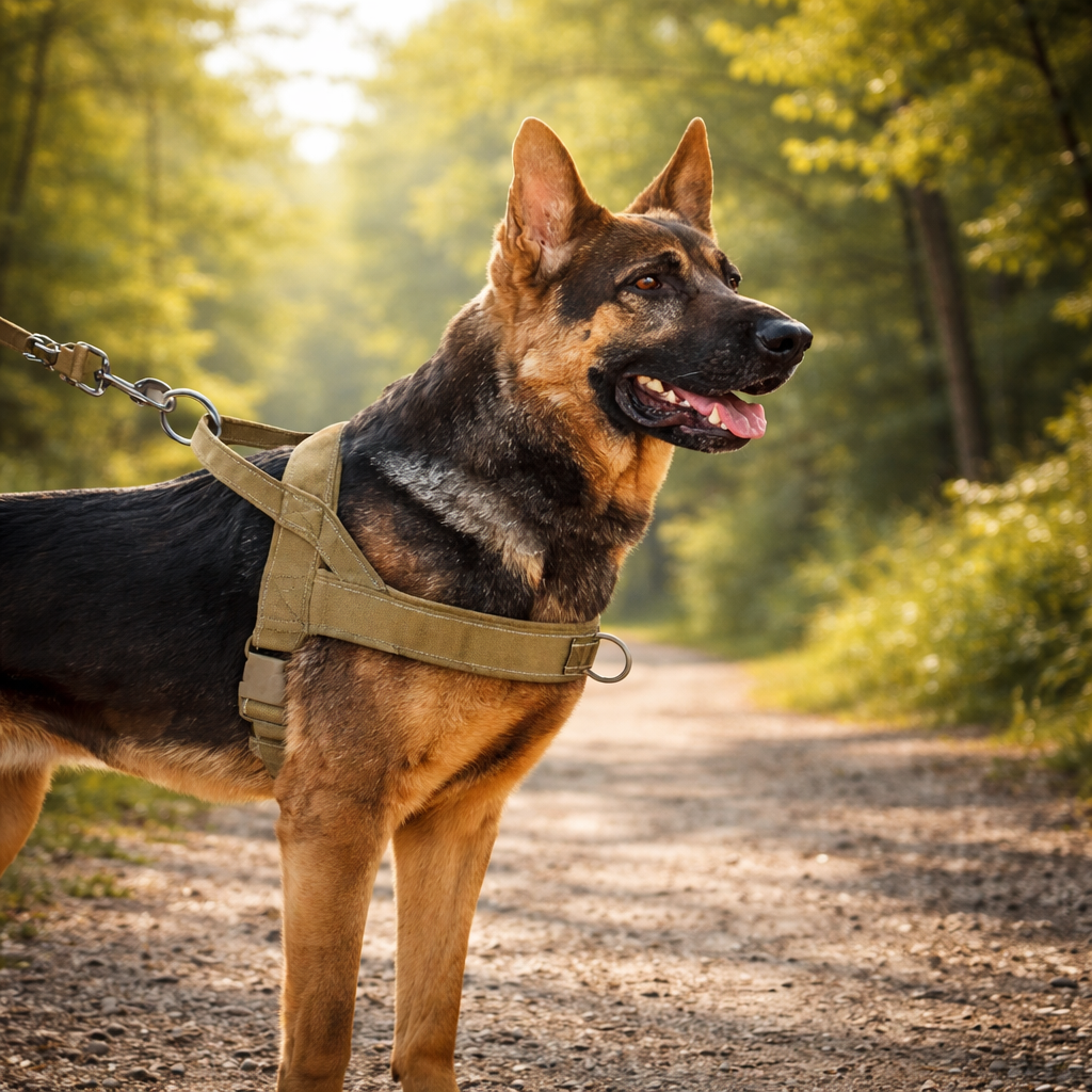 Harnais poitrail pour gros chien de couleur kaki dans une forêt verte sur un chemin de terre