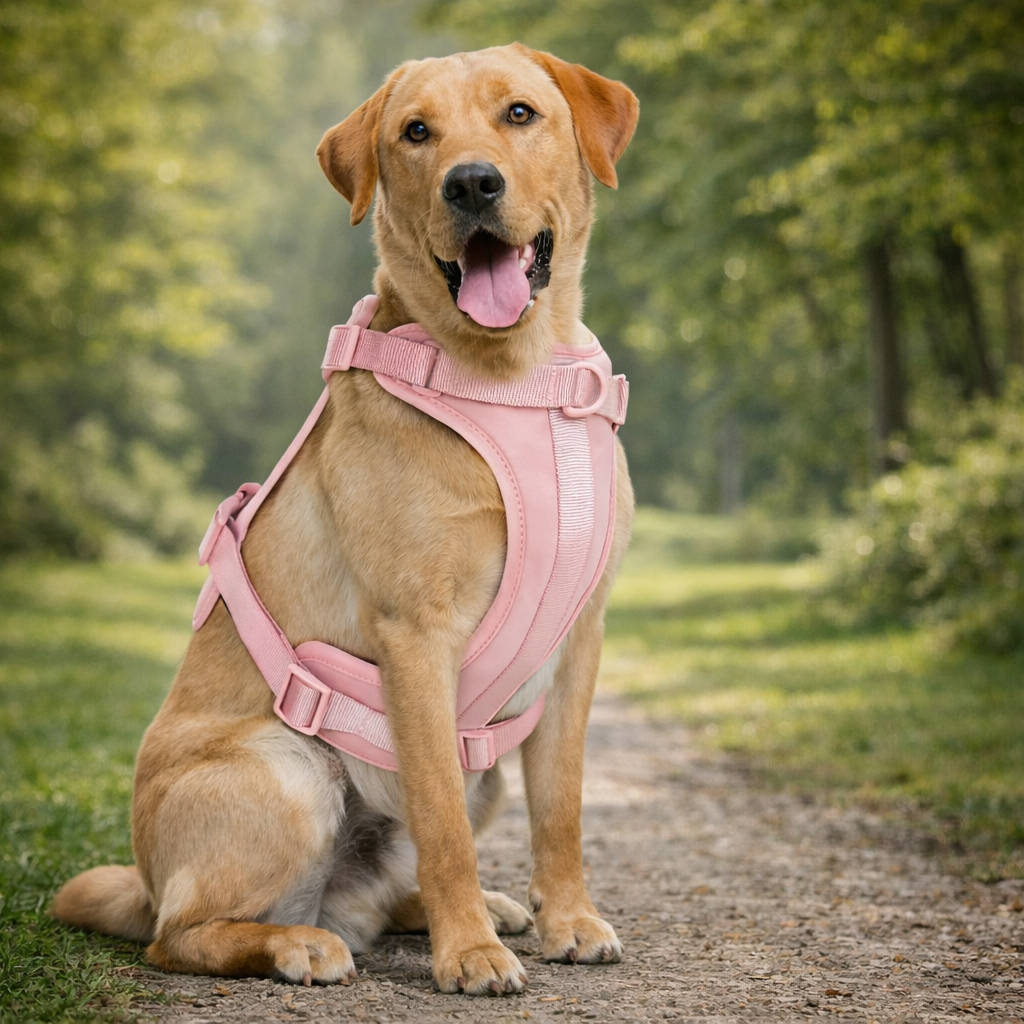 Harnais gros chien rose sur un gros chien de couleur claire dans une forêt verte