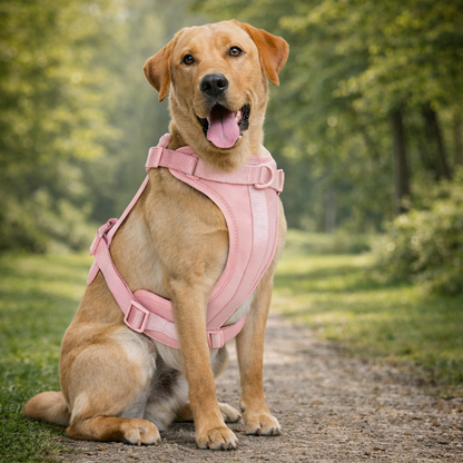 Harnais gros chien rose sur un gros chien de couleur claire dans une forêt verte