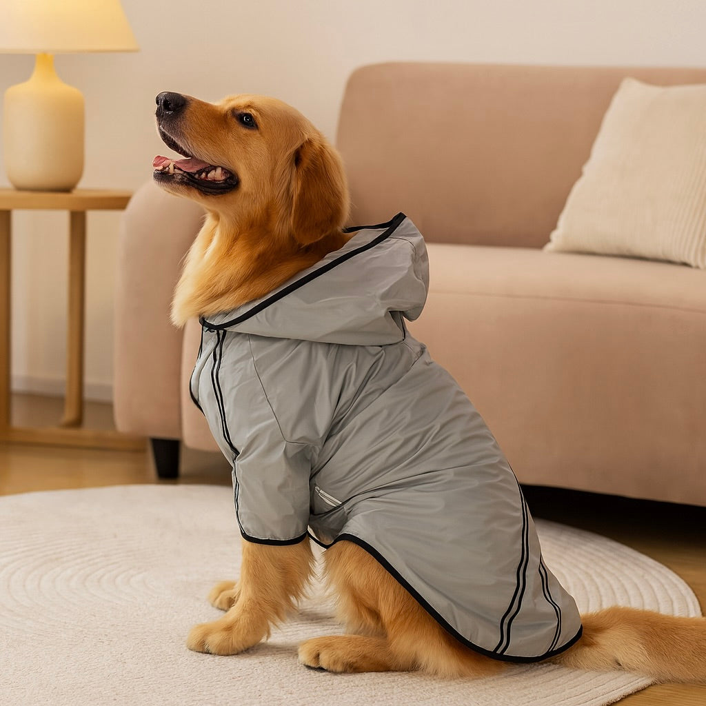 Gros chien de couleur brun assis dans un salon de couleur claire portant un imper de couleur gris. En fond il y a un canapé de couleur beige près d'une table basse en bois avec une lampe dessus. Image produit Boutiquechien