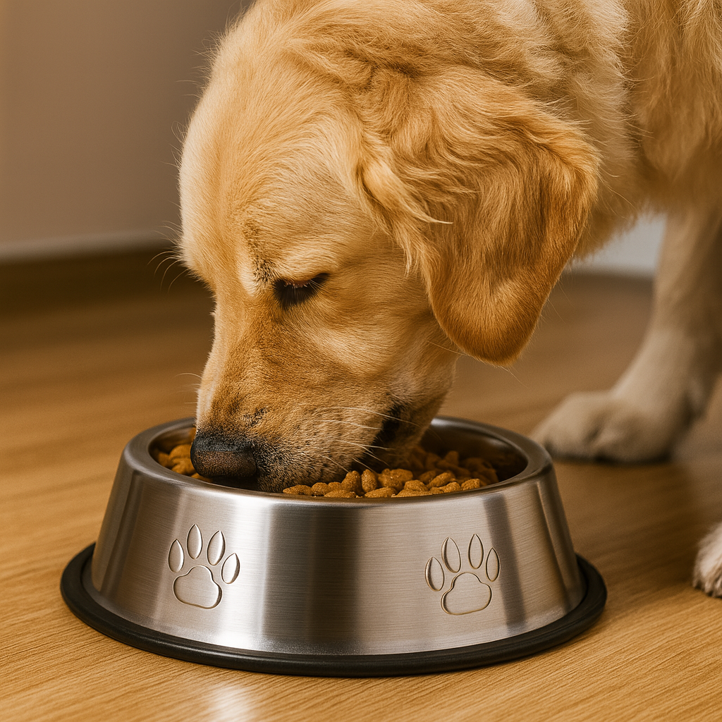 Gros chien de couleur claire mangeant des croquettes dans sa gamelle en inox avec des formes de pattes. La gamelle est anti-dérapante et possède des croquettes dedans. Le produit est sur un sol en parquet. Image produit Boutiquechien