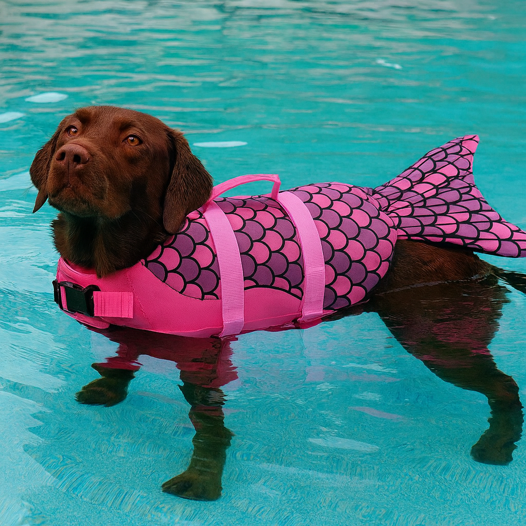 Gros chien de couleur brun portant un gilet de sauvetage de couleur rose avec une forme de sirène. Le chien est dans une piscine. Image produit Boutiquechien Image