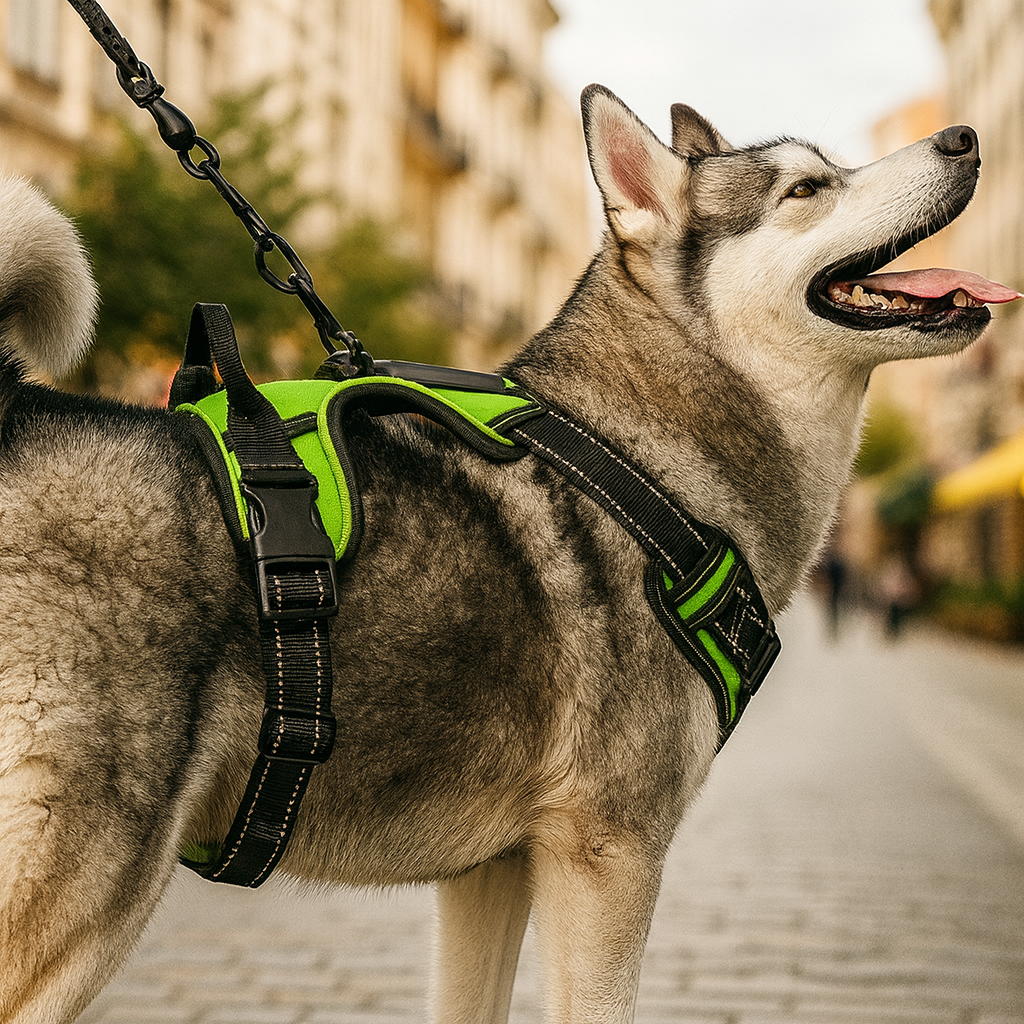 gros chien de couleur noir et blanc portant un harnais fluorescent en pleine ville.