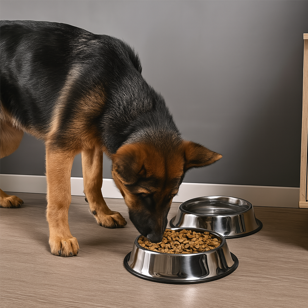 Gros chien noir et brun mangeant dans sa gamelle en inox anti-dérapante de couleur noir. La gamelle est posé dans un salon avec un mur et un meuble bois. Image produit Boutiquechien