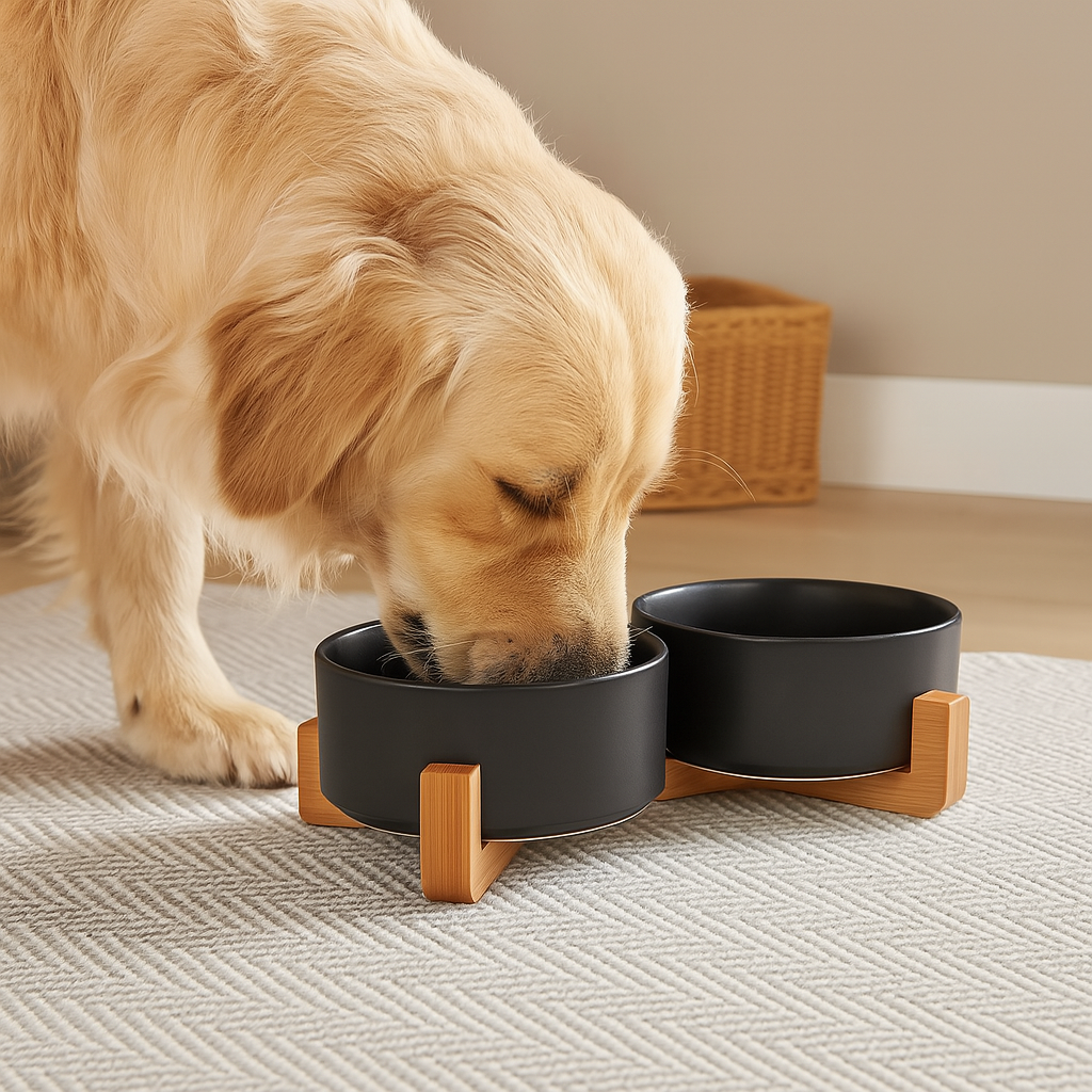 Gros chien de couleur blanc mangeant dans la gamelle double pour chien élégant avec support en bois. le produit est posé sur un tapis de couleur blanc avec en fond un panier en osier. Image produit Boutiquechien Image