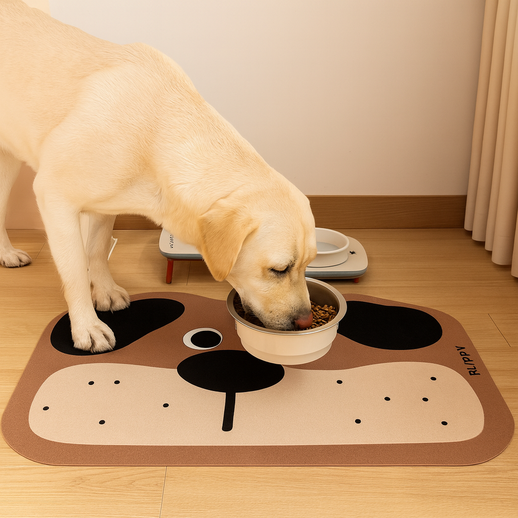 Gros chien de couleur blanc mangeant dans une gamelle pour chien de couleur blanc. La gamelle st posé sur un tapis pour gamelle design en forme de chien