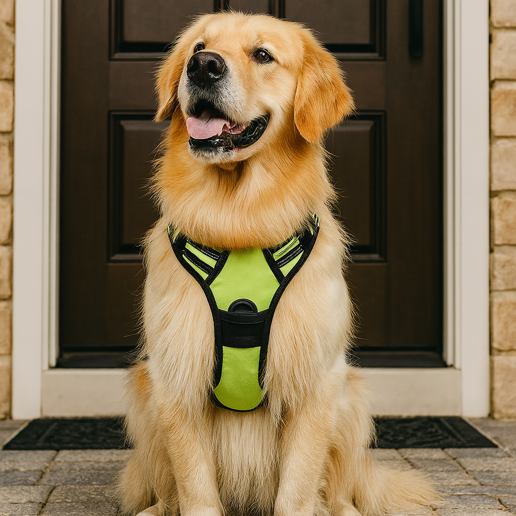 Harnais gros chien xxl porté par un gros golden retriever de couleur claire le chien est assis devant la porte d'entré de sa maison