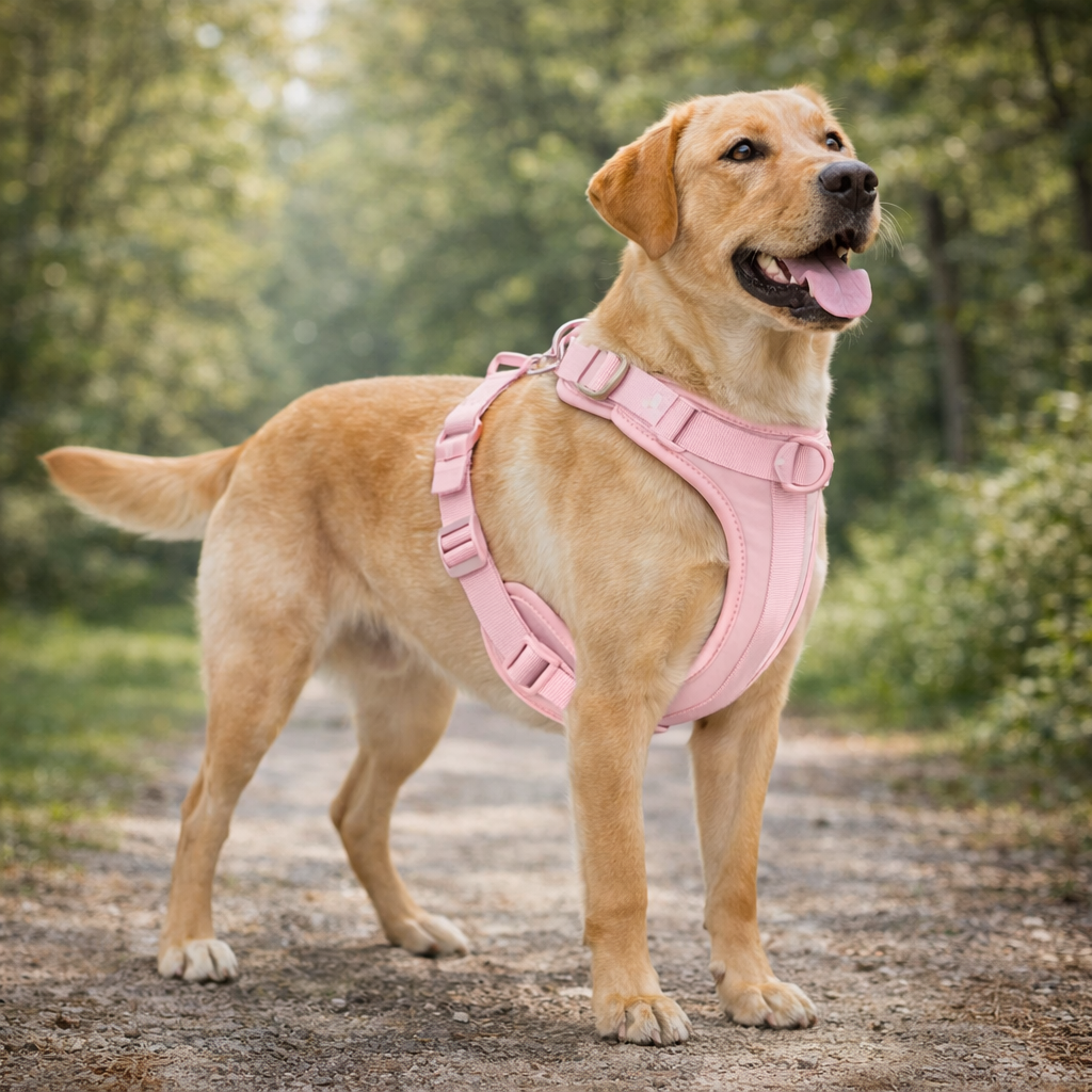 Harnais gros chien rose sur un gros chien de couleur claire sur un chemin en gravier dans la forêt 