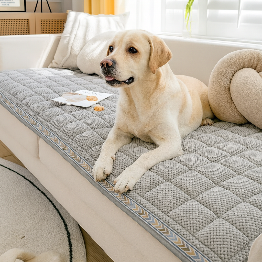 Grand labrador de couleur blanc couché sur une protection de canapé de couleur gris. La protection est sur un canapé de couleur Blanc avec en fond des oreillers design. Image produit Boutiquechien Image