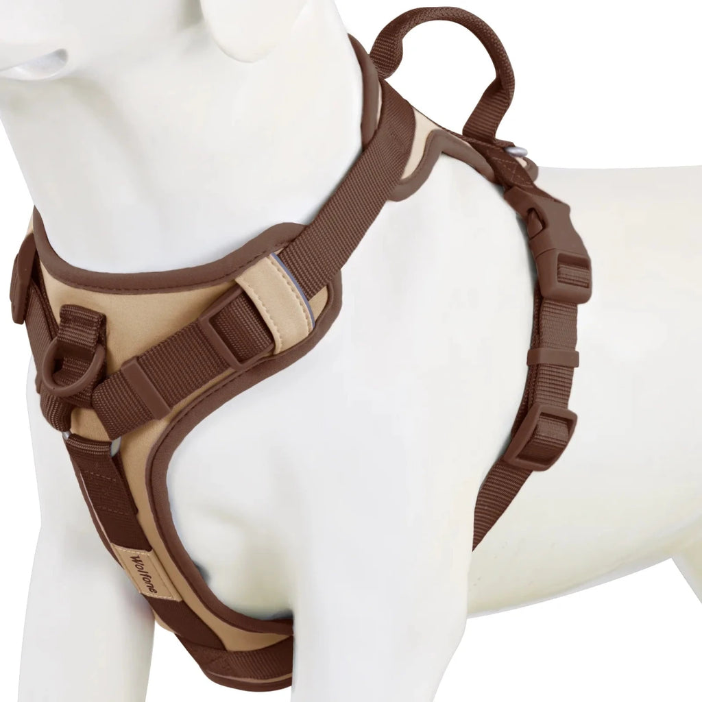 Harnais anti traction chien qui tire brun et beige 