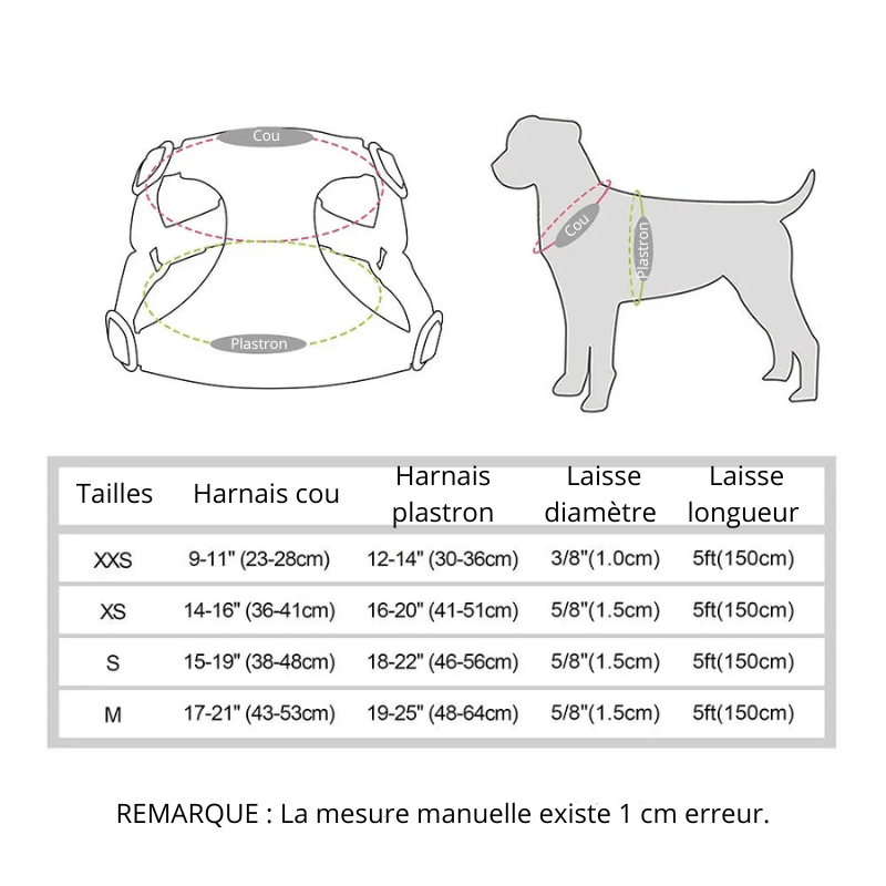 Dimensions total du harnais pour chien de XXS à M. Image produit Boutiquechien