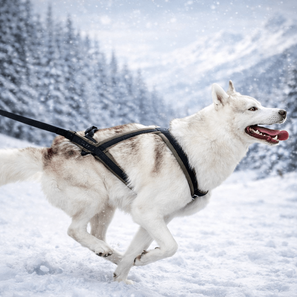 Harnais canicross pas cher dans la neige des montagnes