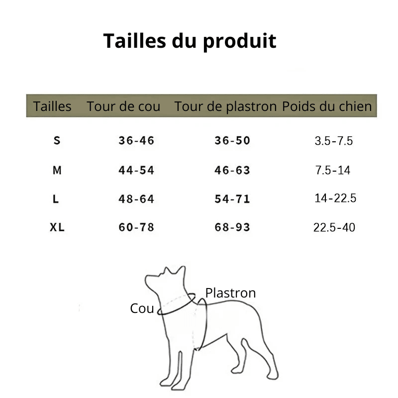 Tailles total du harnais pour petit chien avec la totalité des dimensions pour chien. Image produit Boutiquechien 