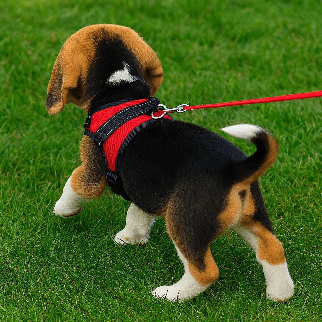 Harnais chiot beagle de couleur rouge et noir porté par un beagle de couleur noir et brun. Le chiot marche dans l'herbe verte. Image produit Boutiquechien
