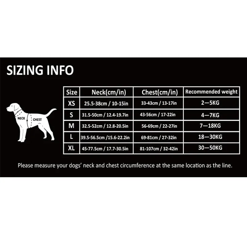 Harnais confort gros chien avec dimensions dans un tableau